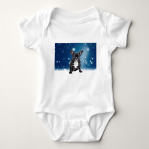 Cute French Bulldog Snow Stars Blue Christmas Baby Bodysuit