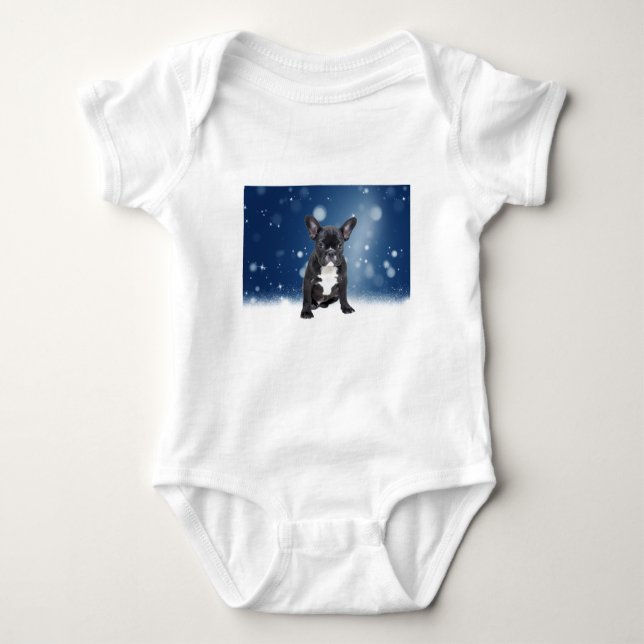 Cute French Bulldog Snow Stars Blue Christmas Baby Bodysuit (Front)