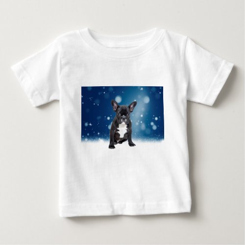 Cute French Bulldog Snow Stars Blue Christmas Baby T_Shirt