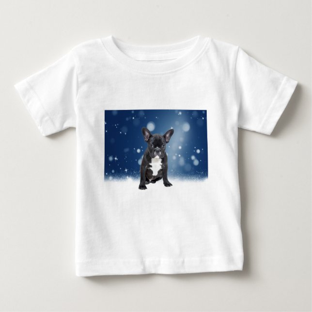 Cute French Bulldog Snow Stars Blue Christmas Baby T-Shirt (Front)