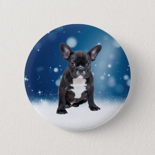 Cute French Bulldog Snow Stars Blue Christmas Button