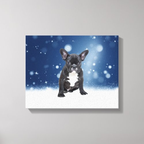 Cute French Bulldog Snow Stars Blue Christmas Canvas Print