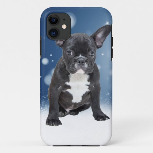 Cute French Bulldog Snow Stars Blue Christmas iPhone 11 Case