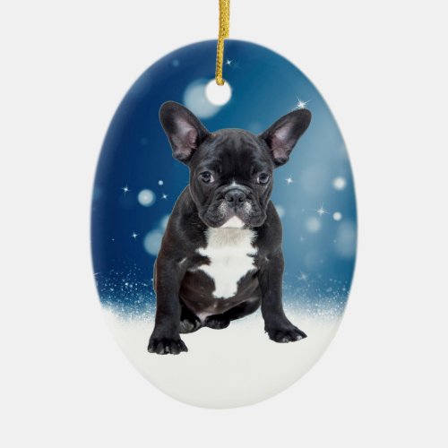 Cute French Bulldog Snow Stars Blue Christmas Ceramic Ornament