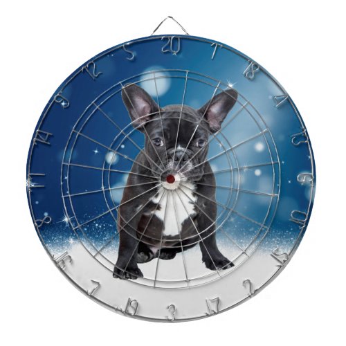 Cute French Bulldog Snow Stars Blue Christmas Dartboard With Darts