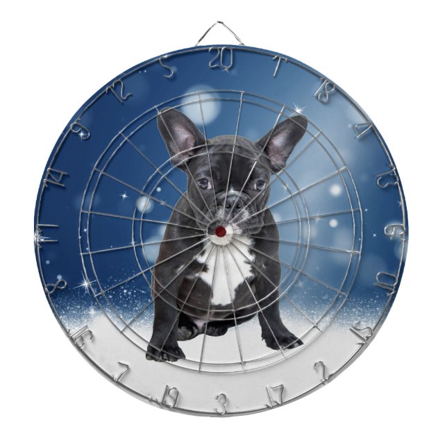 Cute French Bulldog Snow Stars Blue Christmas Dartboard With Darts (Front)