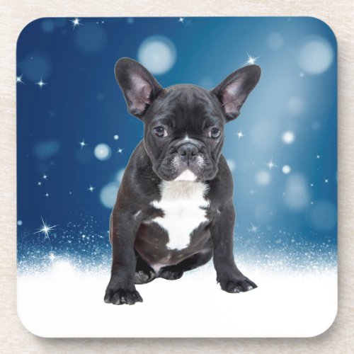 Cute French Bulldog Snow Stars Blue Christmas Drink Coaster