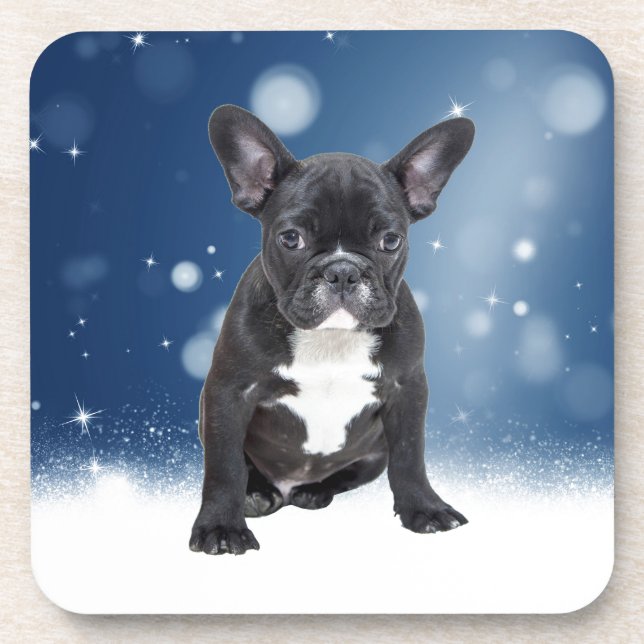 Cute French Bulldog Snow Stars Blue Christmas Drink Coaster (Front)