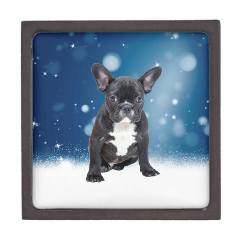 Cute French Bulldog Snow Stars Blue Christmas Keepsake Box