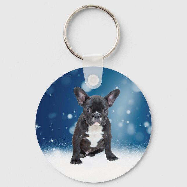 Cute French Bulldog Snow Stars Blue Christmas Keychain (Front)