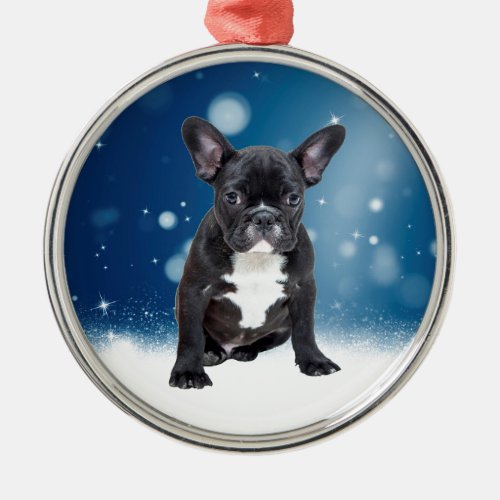 Cute French Bulldog Snow Stars Blue Christmas Metal Ornament