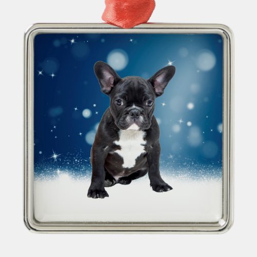 Cute French Bulldog Snow Stars Blue Christmas Metal Ornament