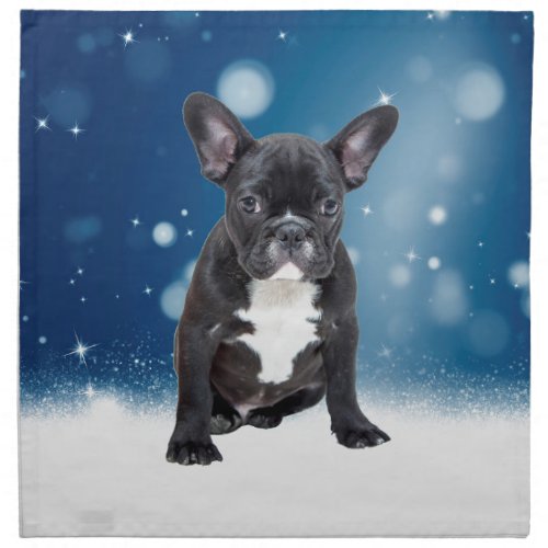 Cute French Bulldog Snow Stars Blue Christmas Napkin