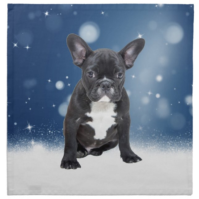 Cute French Bulldog Snow Stars Blue Christmas Napkin (Front)