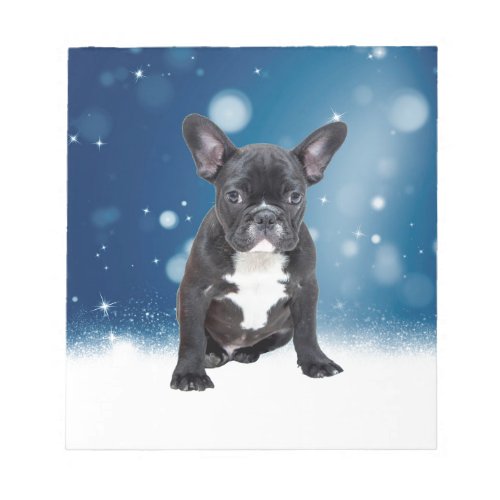 Cute French Bulldog Snow Stars Blue Christmas Notepad