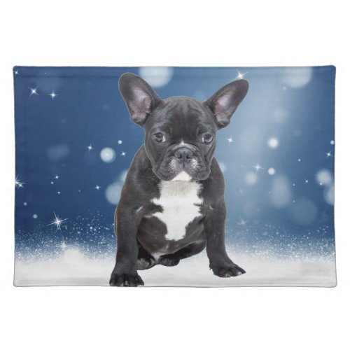 Cute French Bulldog Snow Stars Blue Christmas Placemat