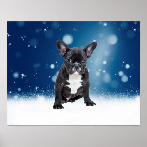 Cute French Bulldog Snow Stars Blue Christmas Poster