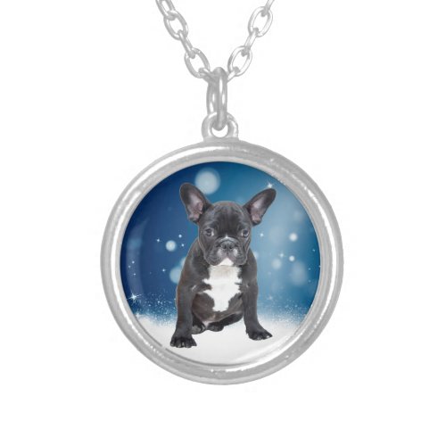 Cute French Bulldog Snow Stars Blue Christmas Silver Plated Necklace