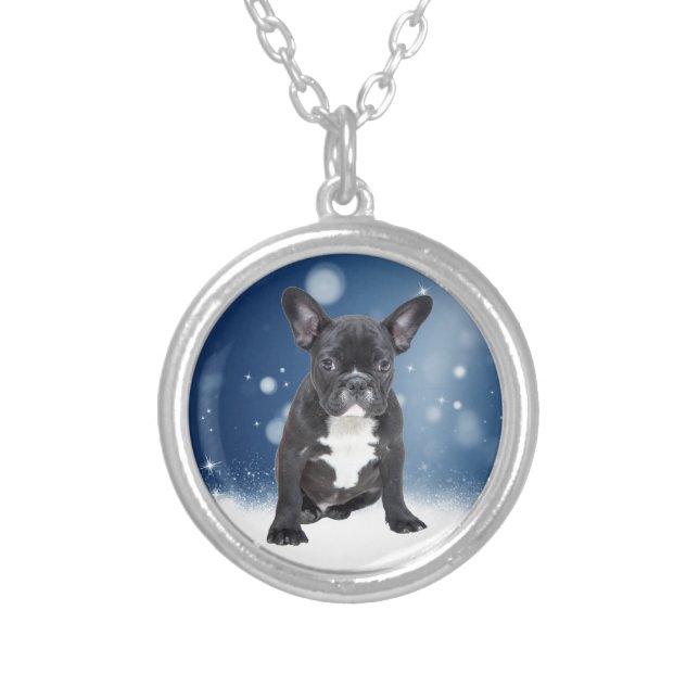 Cute French Bulldog Snow Stars Blue Christmas Silver Plated Necklace (Front)