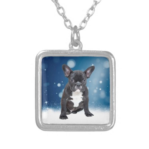 Cute French Bulldog Snow Stars Blue Christmas Silver Plated Necklace