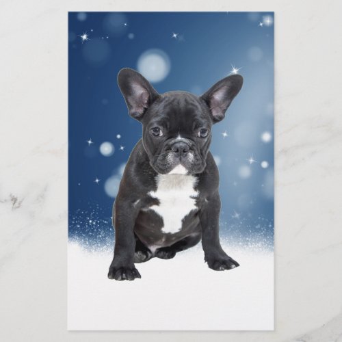 Cute French Bulldog Snow Stars Blue Christmas Stationery