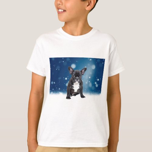 Cute French Bulldog Snow Stars Blue Christmas T_Shirt