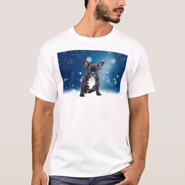 Cute French Bulldog Snow Stars Blue Christmas T-Shirt (Front)