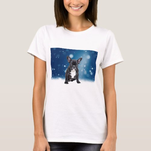 Cute French Bulldog Snow Stars Blue Christmas T_Shirt