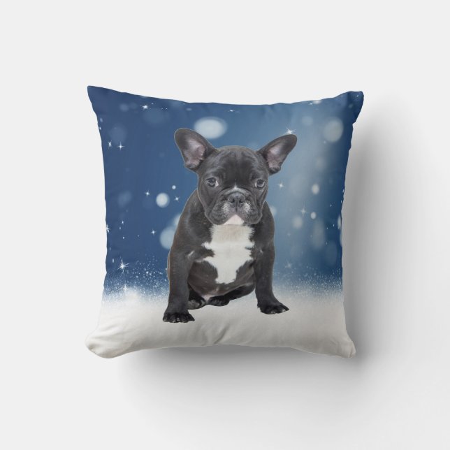 Cute French Bulldog Snow Stars Blue Christmas Throw Pillow (Front)