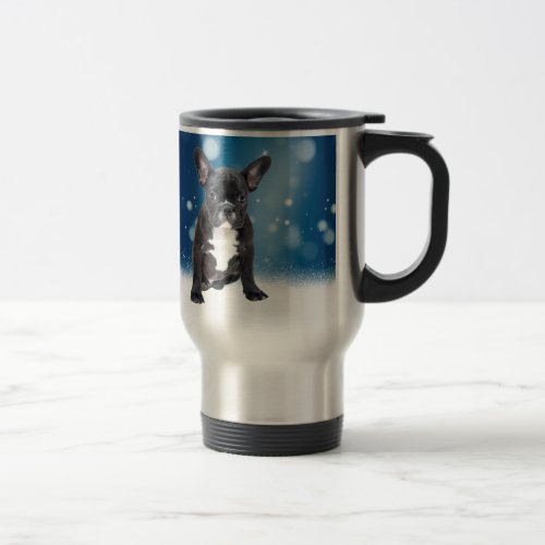 Cute French Bulldog Snow Stars Blue Christmas Travel Mug