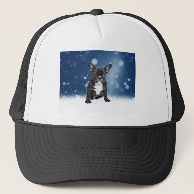 Cute French Bulldog Snow Stars Blue Christmas Trucker Hat (Front)