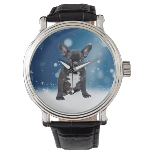 Cute French Bulldog Snow Stars Blue Christmas Watch