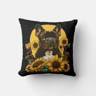 Cute French Bulldog Sunflower Lover Drawing Art Throw Pillow