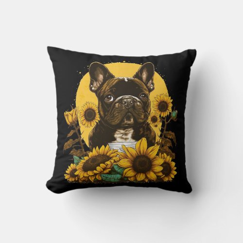 Cute French Bulldog Sunflower Lover Drawing Art Throw Pillow