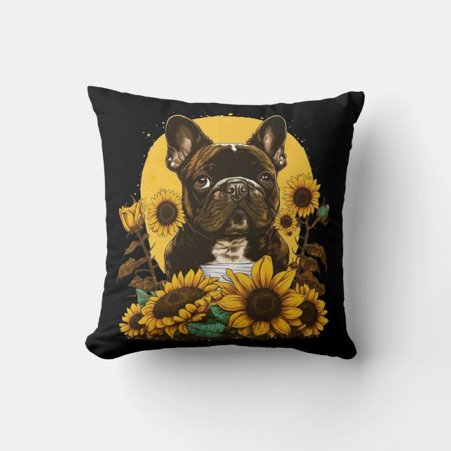 Cute French Bulldog Sunflower Lover Drawing Art Throw Pillow (Front)