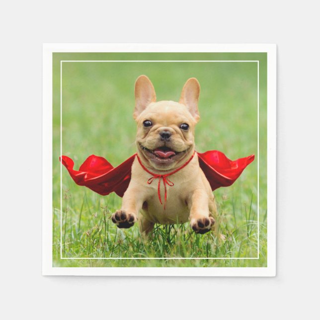 Cute French Bulldog Superhero Runs in Grass Paper Napkins (Front)