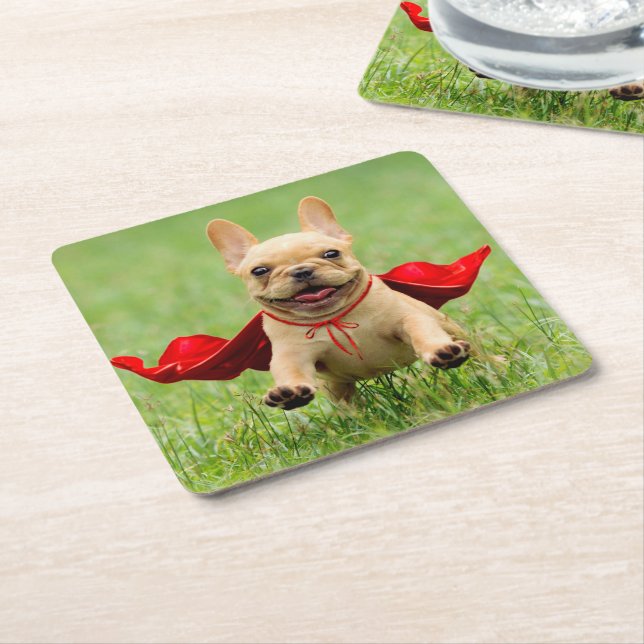 Cute French Bulldog Superhero Runs in Grass Square Paper Coaster (Angled)