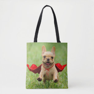 Cute French Bulldog Superhero Runs in Grass Tote Bag