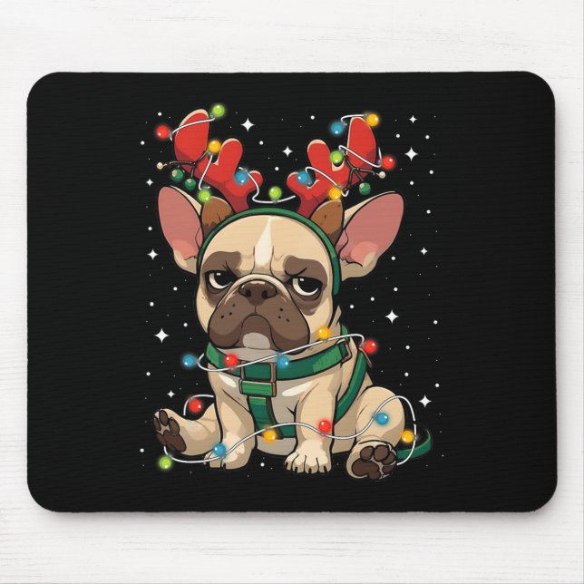 Cute French Bulldog Tangled Up In Christmas Lights Mouse Pad (Front)