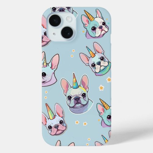 Cute French Bulldog Unicorn Pastel Pattern iPhone 15 Case
