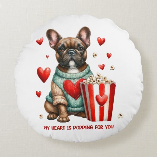 Cute French Bulldog Valentines Day heart Round Pillow