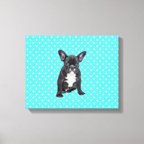 Cute French Bulldog w Blue Polka Dots Canvas Print