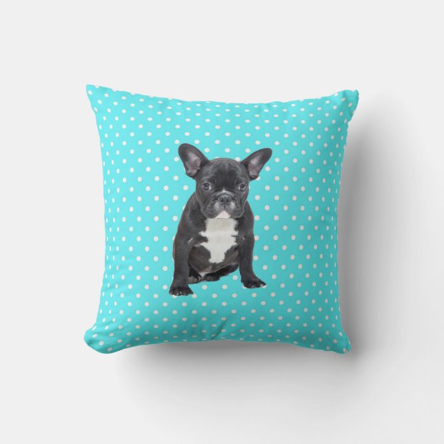 Cute French Bulldog w Blue Polka Dots Pillow (Front)