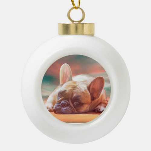 Cute French Bulldog Water Color Art Painting Ceramic Ball Christmas Ornament