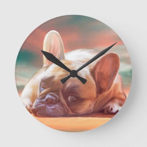 Cute French Bulldog Water Color Art Painting Round Clock