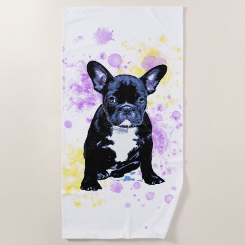 Cute French Bulldog Watercolor Inky Beach Towel