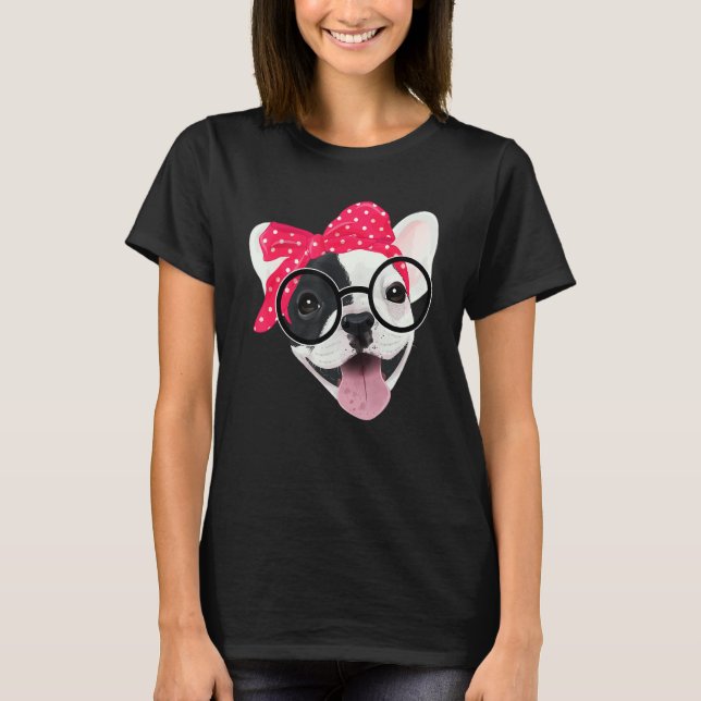 Cute French Bulldog Wearing Headband Glasses Frenc T-Shirt (Front)