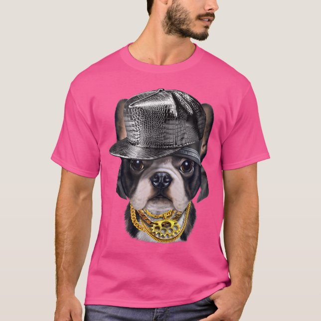 Cute French Bulldog Wearing Hip Hop Rapper Cap T-Shirt (Front)