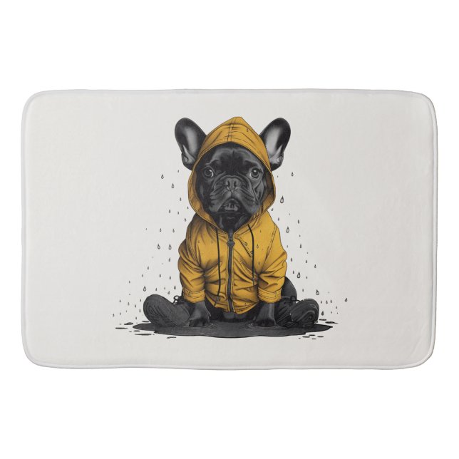 Cute French Bulldog Wearing Raincoat Bath Mat (Front)