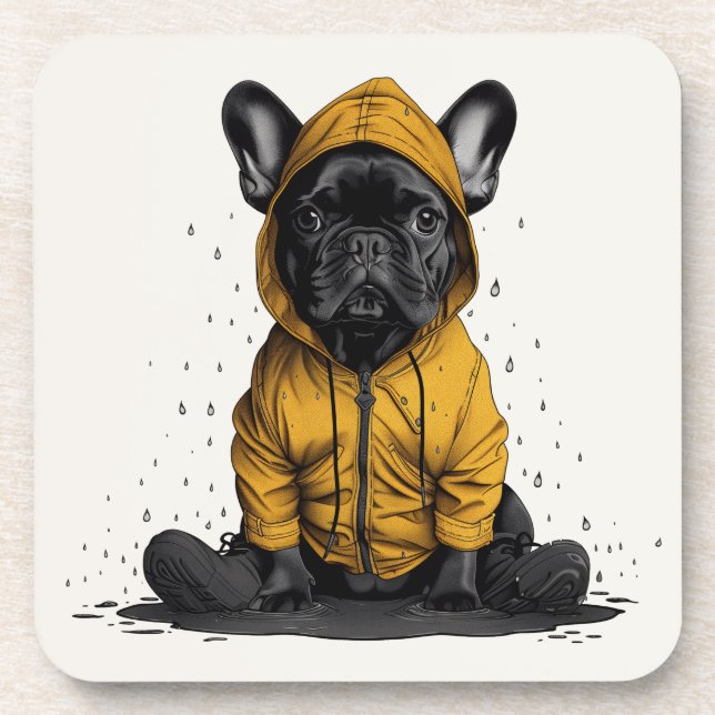 Cute French Bulldog Wearing Raincoat Beverage Coaster (Front)